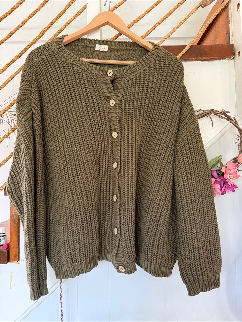 Relaxed Olive Green Button-Front Knit Cardigan